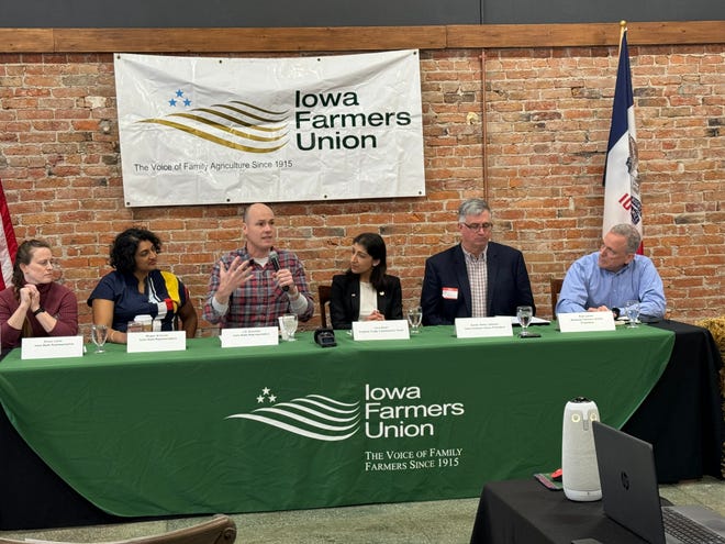 Iowa state Reps. Elinor Levin, Megan Srinivas and J.D. Scholten join Lina Khan, the Federal Trade Commission chair, Aaron Lehman, the Iowa Farmers Union board president, and Rob Larew, president of the National Farmers Union board, Saturday in Nevada.