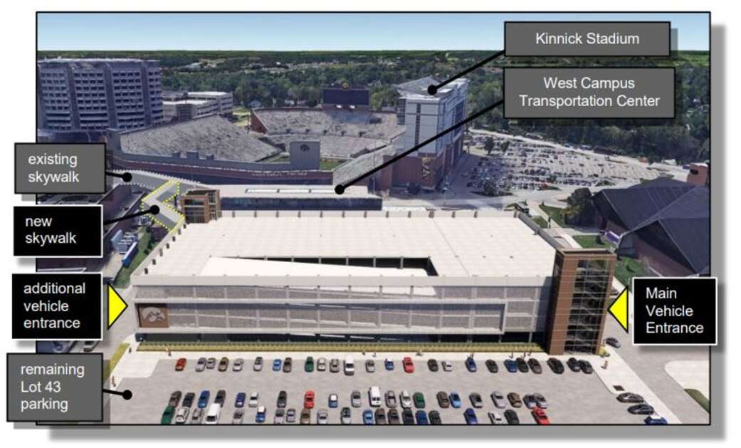 As the University of Iowa looks to raze one of its hospital parking ramps while expanding its hospital campus — eventually constructing a new patient tower — administrators are planning a new $75 million parking ramp that would connect by skywalk to the West Campus Transportation Center, Kinnick Stadium and the hospital. (Photo from Iowa Board of Regents)