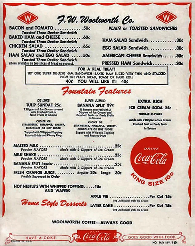 FW Woolworth's restaurant menu, including bacon and tomato, egg salad, and American cheese sandwiches and fountain features