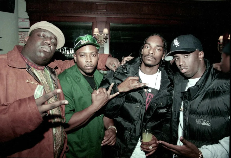 From left to right, rappers Notorious BIG, Nate Dogg, Snoop Dogg and Diddy in New York City in 1995. Getty Images