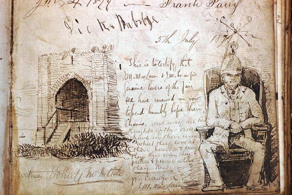 A Ship Inn guest book entry with an illustration of the King of Piel Island sitting on his throne.
