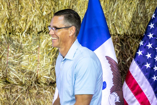 U.S. Rep. Randy Feenstra, R-Iowa, is introduced during the annual Roast and Ride fundraiser for U.S. Sen. Joni Ernst, Saturday, June 3, 2023,  at the Iowa State Fairgrounds in Des Moines, Iowa.