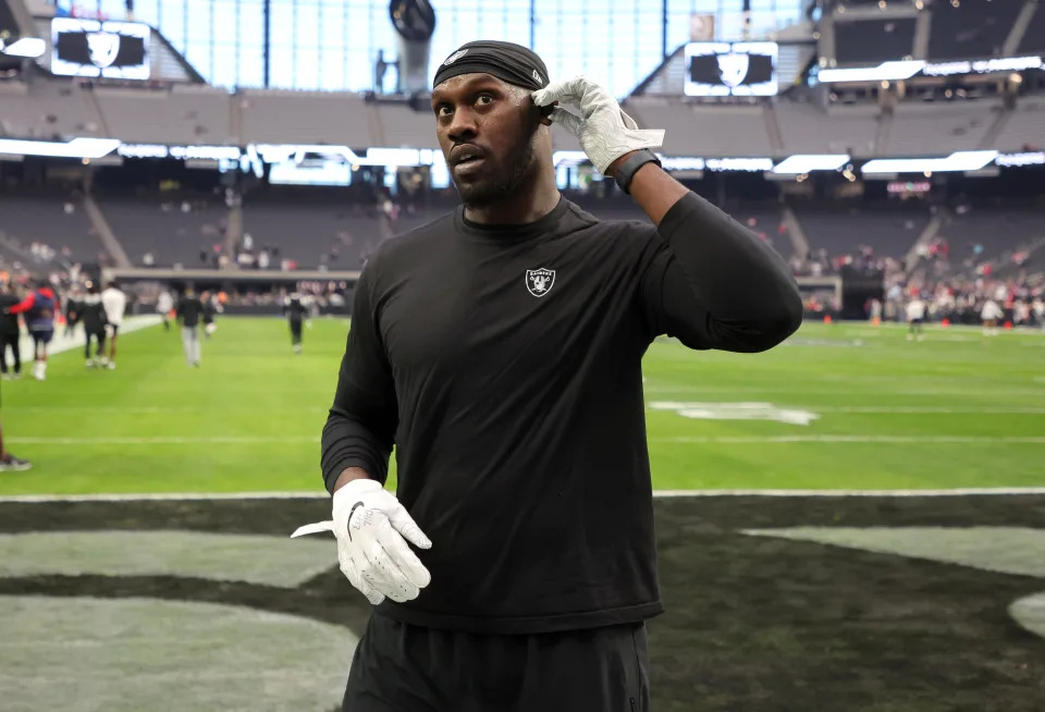LAS VEGAS, NEVADA - DECEMBER 18: Defensive end Chandler Jones #55 of the Las Vegas Raiders talks to fans before a game against the New England Patriots at Allegiant Stadium on December 18, 2022 in Las Vegas, Nevada. The Raiders defeated the Patriots 30-24. (Photo by Ethan Miller/Getty Images)