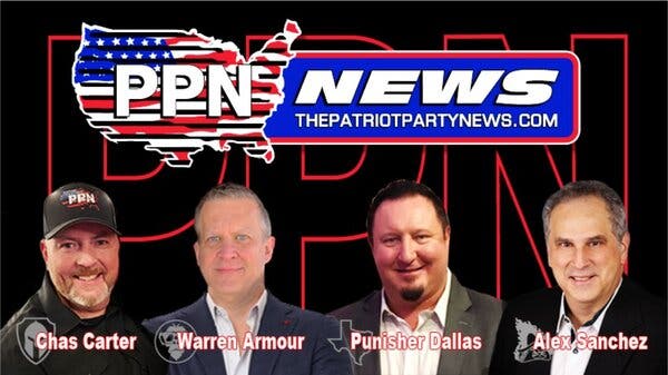The Patriot Party News logo is in the background and in front of it are headshots of four smiling men. 
