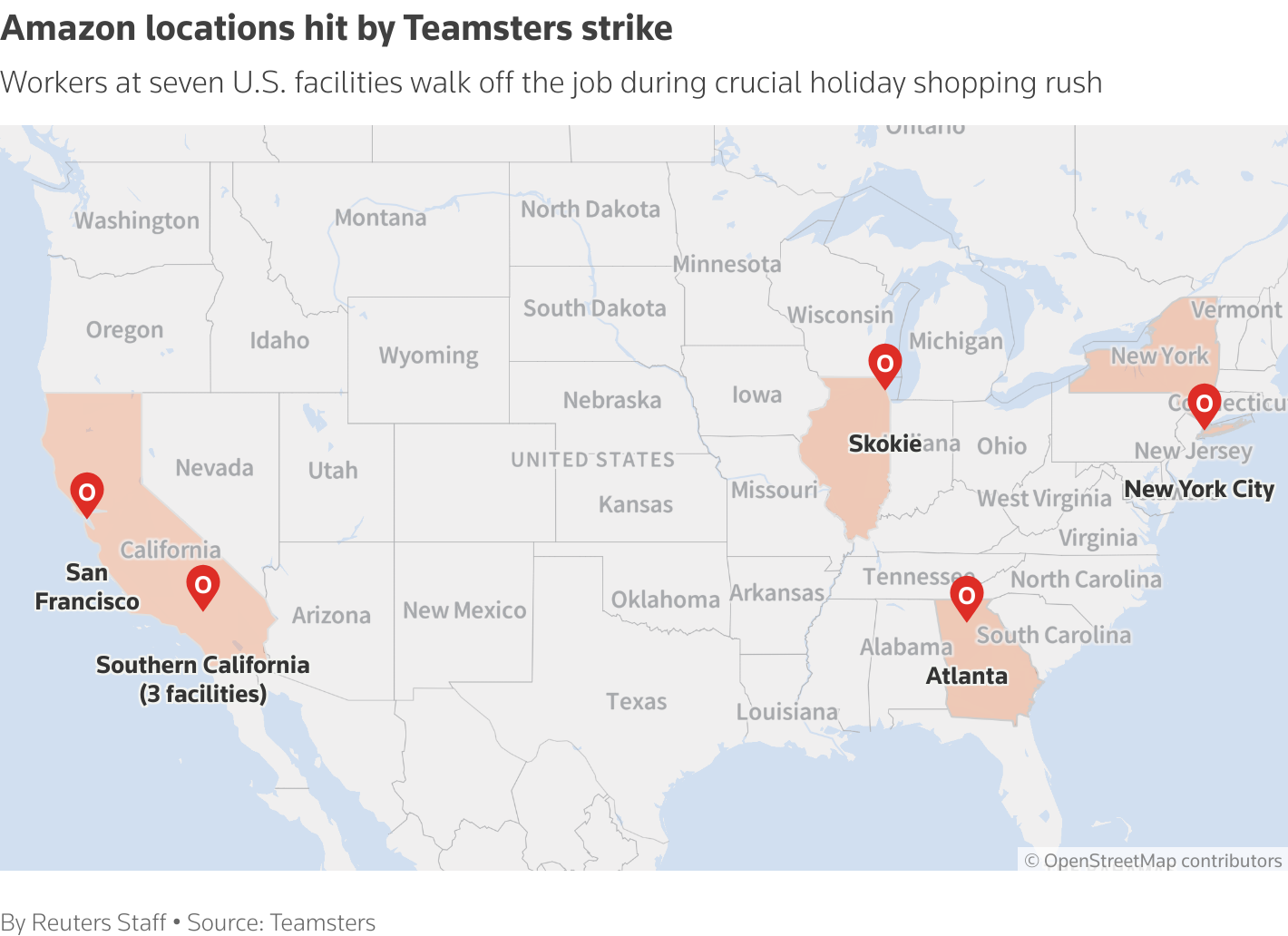 Map showing the locations impacted by Teamsters strike against Amazon.