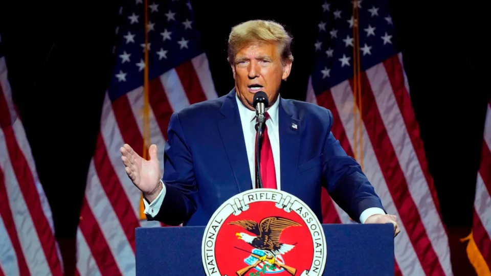 PHOTO: Republican presidential candidate former President Donald Trump speaks at the National Rifle Association's Presidential Forum, in Harrisburg, Pa.,on Feb. 9, 2024.  (Matt Rourke/AP)