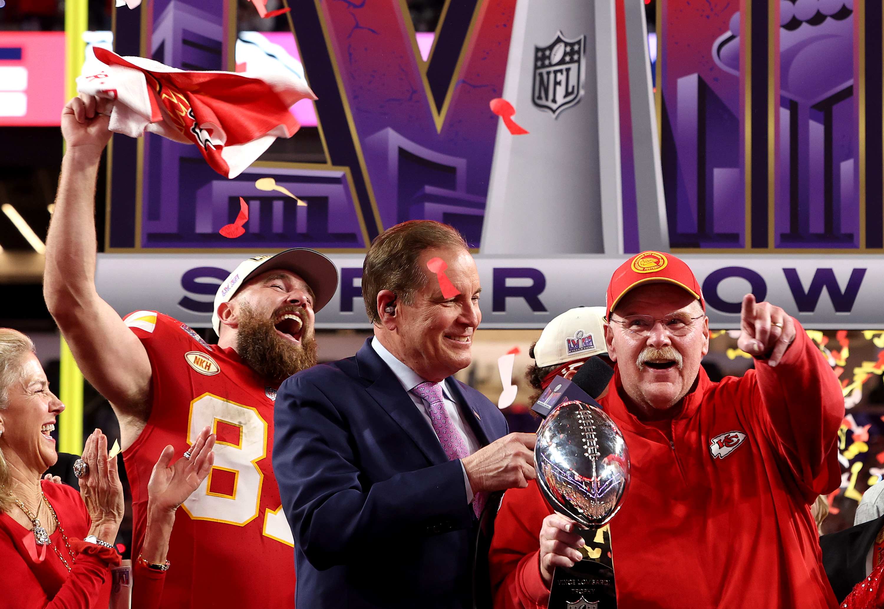 Travis Kelce and Head coach Andy Reid of the Kansas City Chiefs react after defeating the San Francisco 49ers 25-22 during Super Bowl LVIII on Feb. 11, 2024 in Las Vegas. 