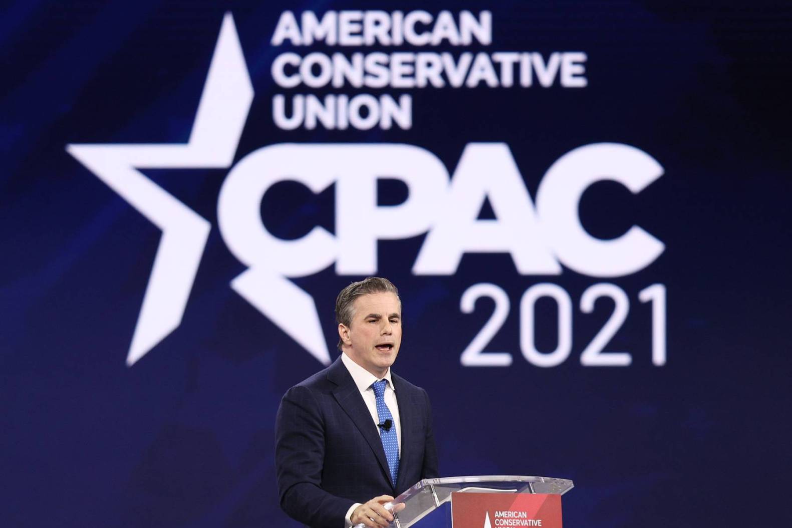 ORLANDO, FLORIDA - FEBRUARY 28: Tom Fitton, President of Judicial Watch, addresses the Conservative Political Action Conference held in the Hyatt Regency on February 28, 2021 in Orlando, Florida. Begun in 1974, CPAC brings together conservative organizations, activists, and world leaders to discuss issues important to them. (Photo by Joe Raedle/Getty Images)