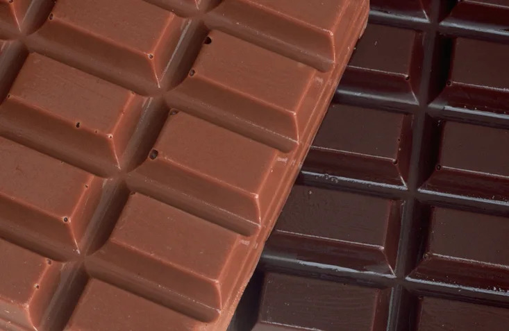 Close-up of milk and dark chocolate bars with clear detail on texture