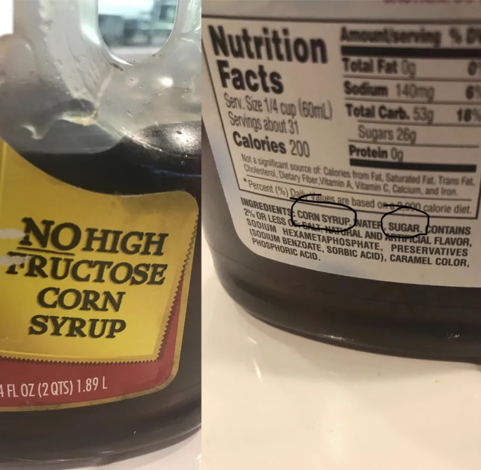 Syrup bottle labeled No High Fructose Corn Syrup next to its Nutrition Facts label that lists corn syrup and sugar