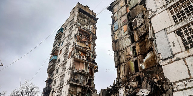 A building damaged during fighting is seen in Mariupol, Ukraine, on April 13, 2022.