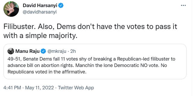 David Harsanyi tweeted Filibuster. Also, Dems don't have the votes to pass it with a simple majority.'t have the votes to pass it with a simple majority.