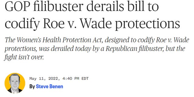 MSNBC headline reads GOP filibuster derails bill to codify Roe v. Wade protections.