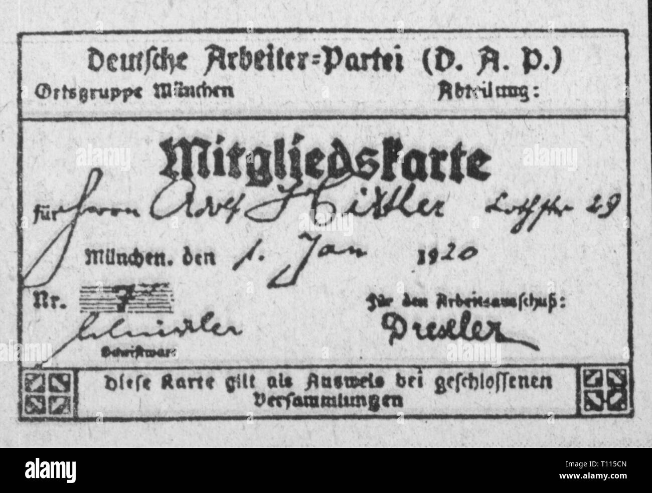 nazism-national-socialism-organisations-party-organisation-second-membership-card-the-deutschen-arbeiterpartei-german-labour-party-of-adolf-hitler-membership-number-1-munich-111920-refoundation-1925-party-membership-card-party-member-member-of-a-party-a-member-of-the-party-nsdap-facsimile-signature-signatures-anton-drexler-dap-politics-policy-germany-german-reich-weimar-republic-20th-century-1920s-organisations-organizations-organization-organisation-membership-card-membership-cards-labour-party-labour-partie-additional-rights-clearance-info-not-available-T115CN.jpg