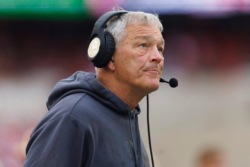 Oct 14, 2023; Madison, Wisconsin, USA;  Iowa Hawkeyes head coach Kirk Ferentz looks on during the second quarter against the Wisconsin Badgers at Camp Randall Stadium. Mandatory Credit: Jeff Hanisch-USA TODAY Sports