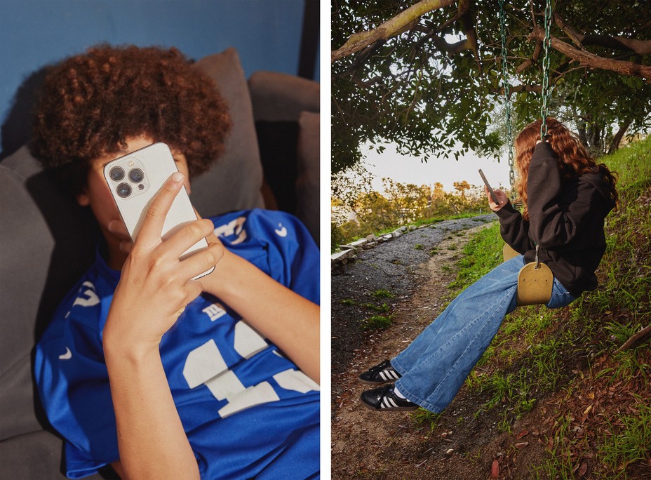 diptych: teens on phone on couch and on a swing
