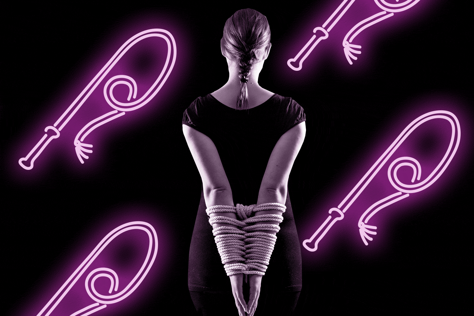 GIF of a woman with bound wrists. Neon whips glow in the background.