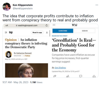 Twitter: The idea that corporate profits contribute to inflation went from conspiracy theory to real and probably good