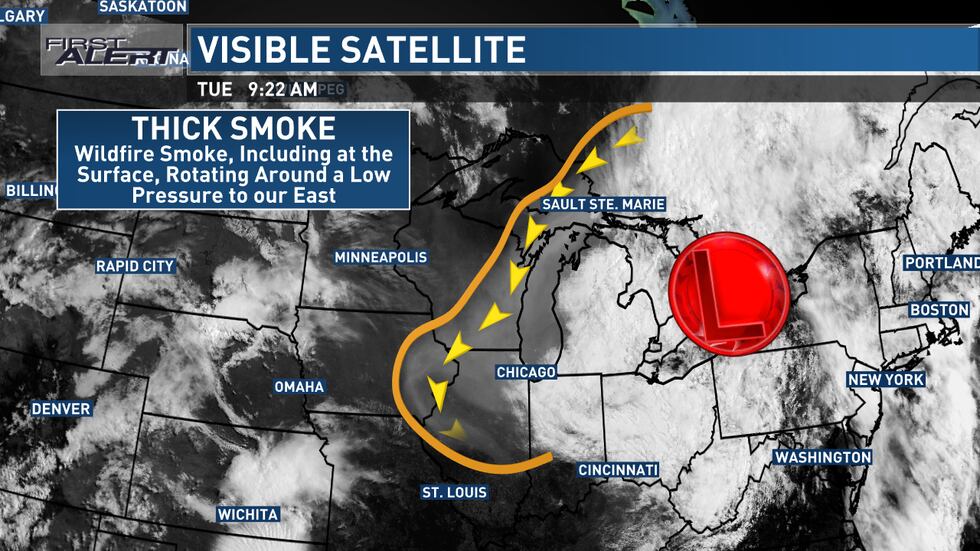 The source of the smoke in eastern Iowa comes from Canada, rotating around an area of low...