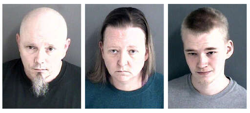 This combo of booking images provided by the Story County Sheriff’s Office, shows (from left) Gary Graham Jr., 44, Danielle Graham, 42, and Aaron Williams, 20, all from Zearing, Iowa. They were charged Monday, March 18, 2024, with first-degree kidnapping and willful injury. A fourth member, a 16-year-old girl, was not named. They are accused of abducting and abusing an 18-year-old relative who had been handcuffed to a bed, beaten so badly that he had brain bleeding and multiple broken ribs, and was so malnourished that he weighed just 70 pounds (32 kilograms) when he showed up at a hospital earlier this year, court documents say. (Story County Sheriff’s Office via AP)