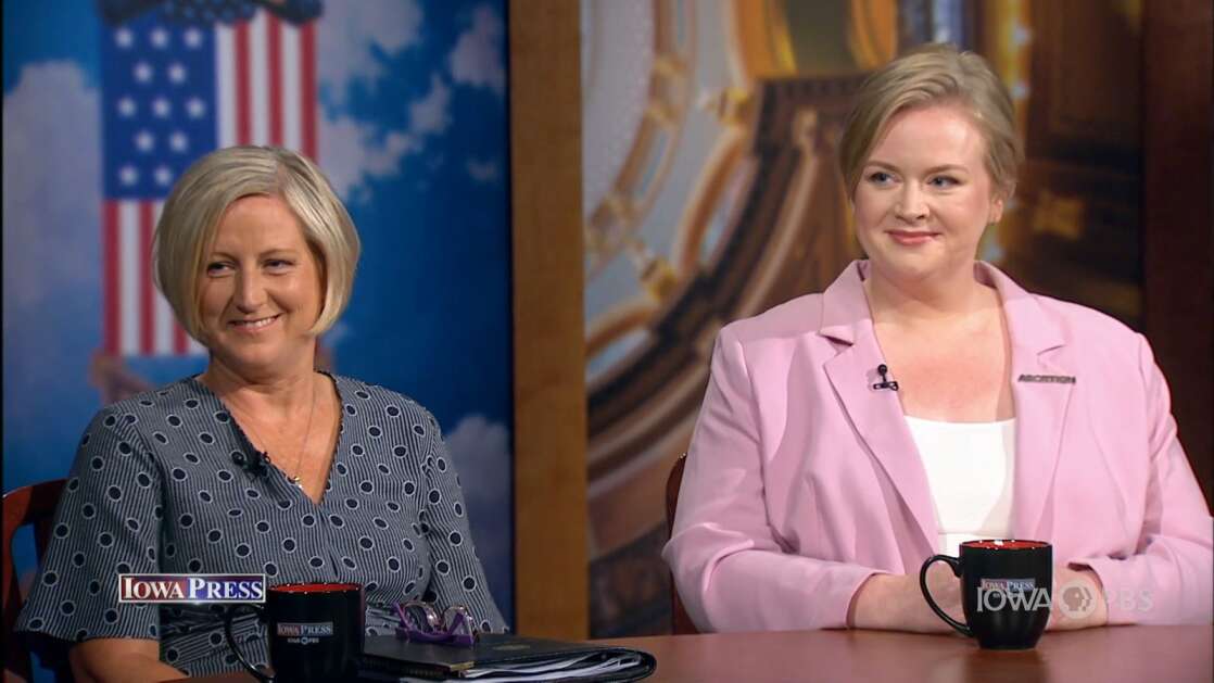 Maggie DeWitte (left), executive director of Pulse Life Advocates, and Mazie Stilwell, public affairs director for Planned Parenthood, discuss abortion policy Thursday during the taping of “Iowa Press” at Iowa PBS studios in Johnston. (Iowa PBS screenshot)