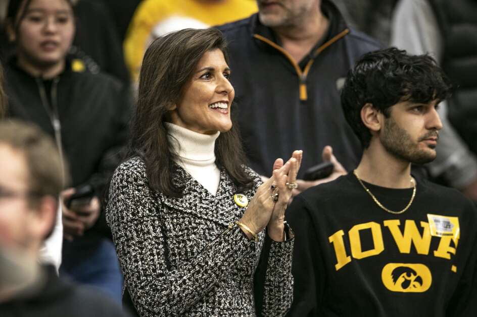 Republican presidential candidate Nikki Haley appears Saturday at an Iowa Hawkeyes women’s basketball game at the Carver-Hawkeye Arena in Iowa City. She also held a campaign event in Coralville. (Geoff Stellfox/The Gazette)