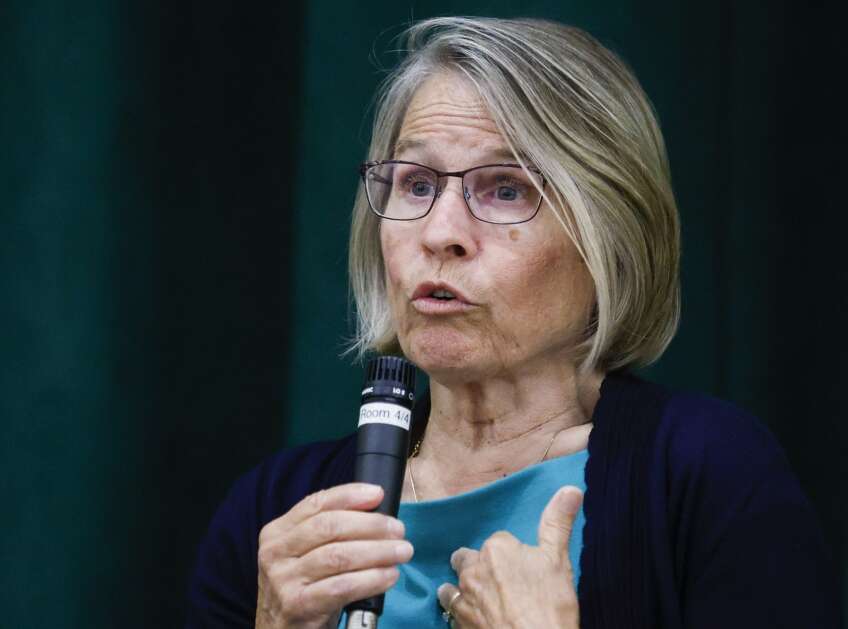 U.S. Rep. Mariannette Miller-Meeks replies to a question at an Aug 14, 2023, town hall at Iowa City West High School. She has filed for re-election and faces a challenger in the June 4 GOP primary. (Jim Slosiarek/The Gazette)