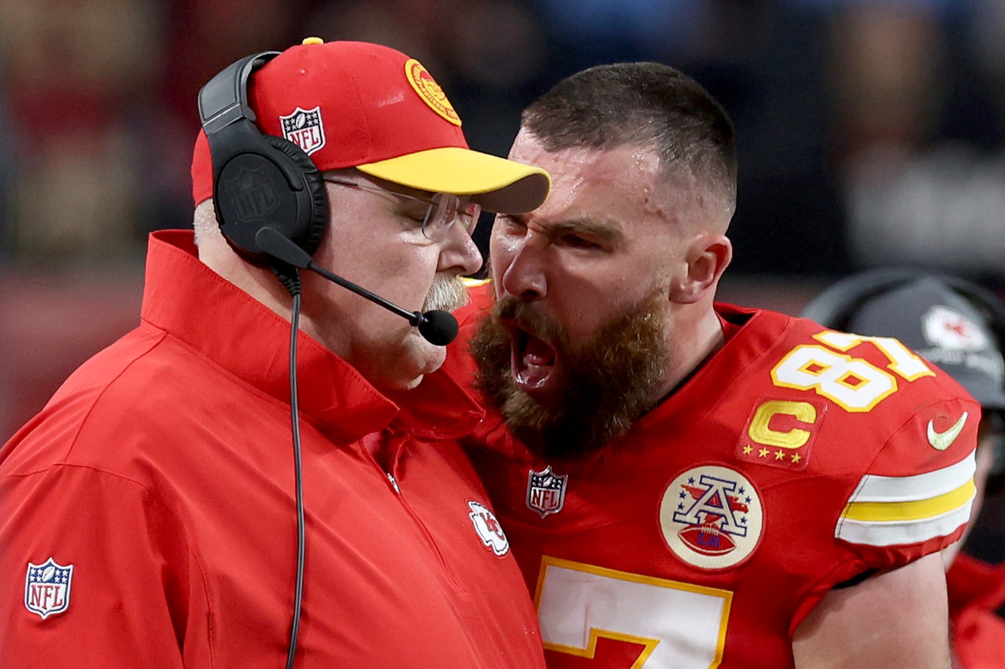 Travis Kelce #87 of the Kansas City Chiefs lashes out at Head coach Andy Reid in the first half against the San Francisco 49ers during Super Bowl LVIII at Allegiant Stadium on Feb. 11, 2024 in Las Vegas.