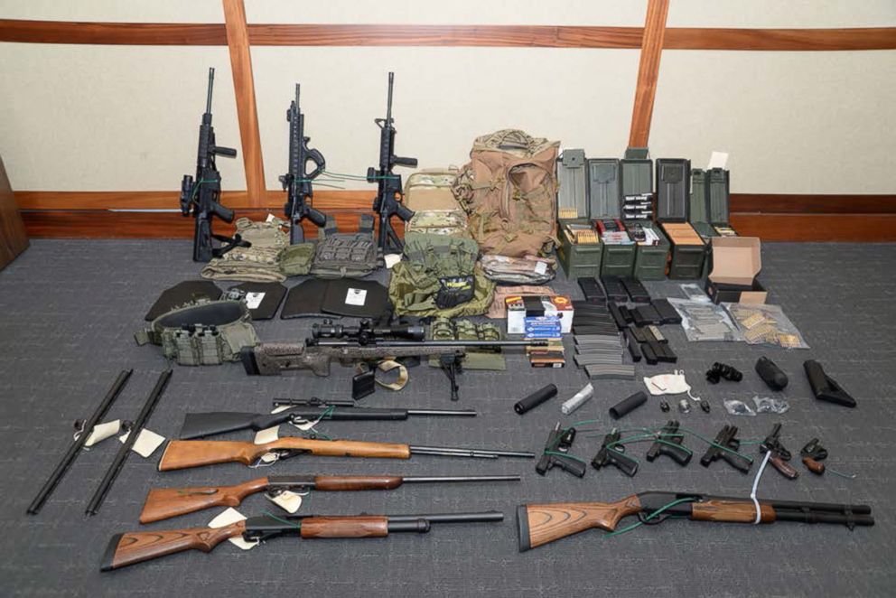 PHOTO: A cache of guns and ammunition uncovered by U.S. federal investigators in the home of U.S. Coast Guard lieutenant Christopher Paul Hasson in Silver Spring, Maryland, U.S., is shown in the photo provided, Feb. 20, 2019.