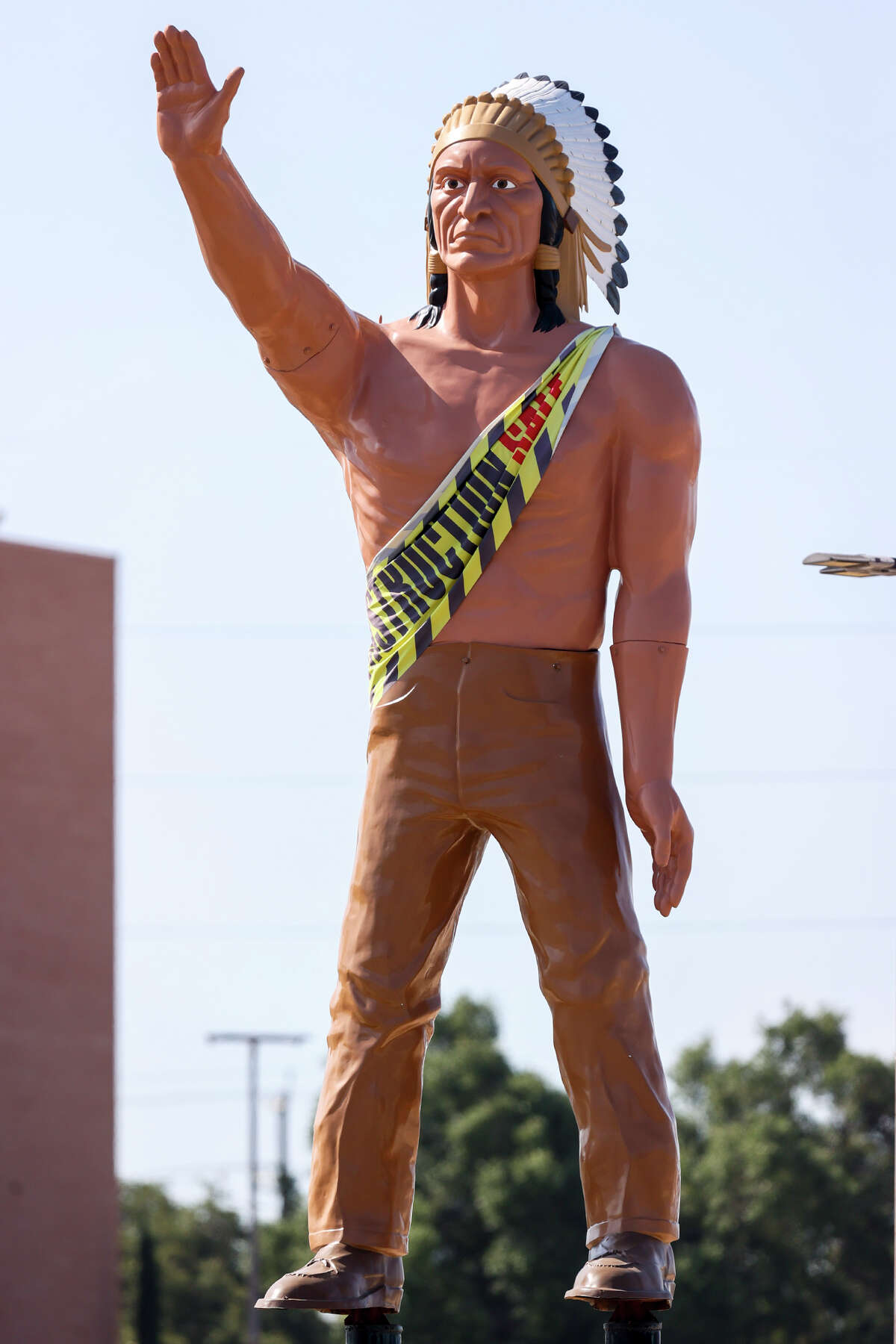 The American Indian statue known as The Chief outside the McCombs Superior Hyundai dealership at 4800 NW Loop 410 on Friday, July 21, 2023. The 26-foot-tall statue will be deconstructed and removed on July 31 after standing at the location since 1977.