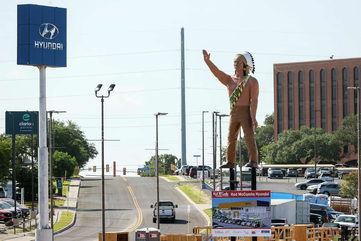 The American Indian statue known as The Chief outside the McCombs Superior Hyundai dealership at 4800 NW Loop 410 on Friday, July 21, 2023. The 26-foot-tall statue will be deconstructed and removed on July 31 after standing at the location since 1977.