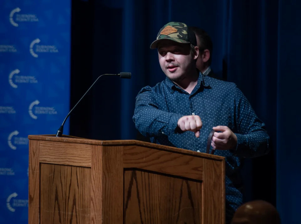 Kyle Rittenhouse speaks to the nearly sold out auditorium crowd in Ohio at Kent State University's student center on April 16.