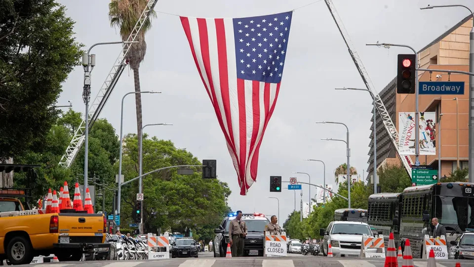 A big American flag in Los Angeles