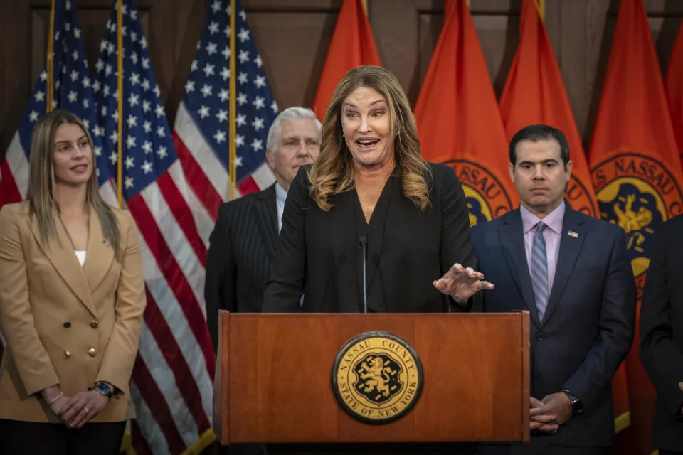 Caitlyn Jenner speaks at a press conference, Monday, March 18, 2024, in Mineola, N.Y. The former Olympic gold medalist threw her support behind a local New York official’s order banning female sports teams with transgender athletes from using county-owned facilities. (AP Photo/Stefan Jeremiah)