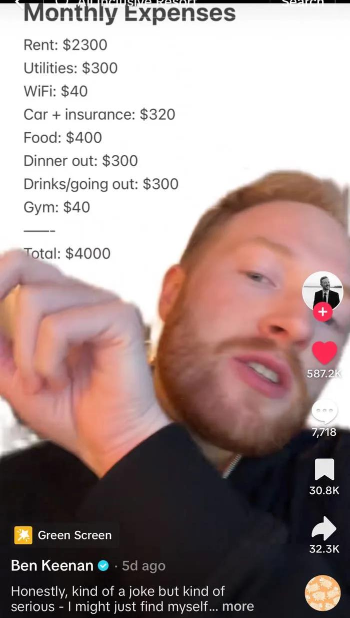 Man discusses monthly expenses in a TikTok video