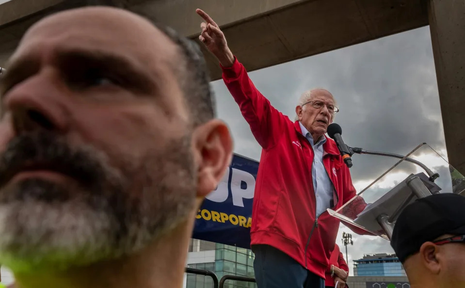 Bernie Sanders talks to United Auto Workers and community members during a rally outside the UAW-Ford Joint Trusts Center in Detroit on Friday, Sept. 15, 2023.