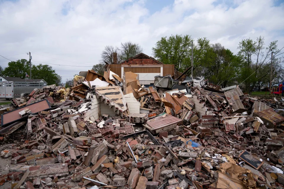 The Tingley Community Building sits destroyed from tornado damage Saturday, April 27, 2024, in Tingley, IA.