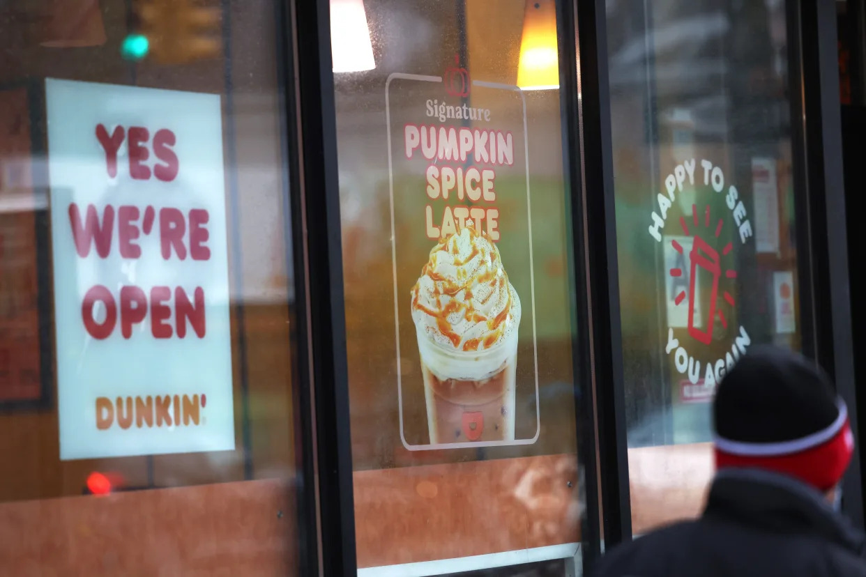 A man walks past a Dunkin' store on October 26, 2020 in New York City