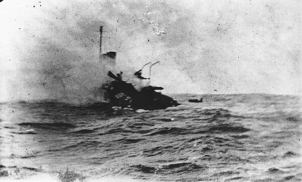 The Jacob Jones was sunk by a German submarine on Dec. 6, 1917. Seaman William G. Ellis escaped from the ship and took this photograph as it sank.