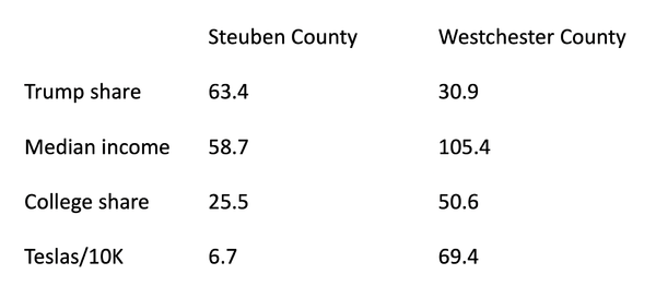 A chart comparing the Trump vote share, median income, proportion of college graduates and per capita Tesla registrations in Steuben County and Westchester County.