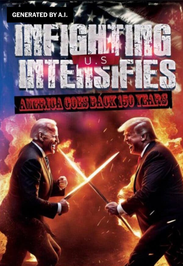 An artificially generated image shows President Biden and former President Donald J. Trump, both in suits and glowering at each other while flanked by flames and crossing fiery spears.