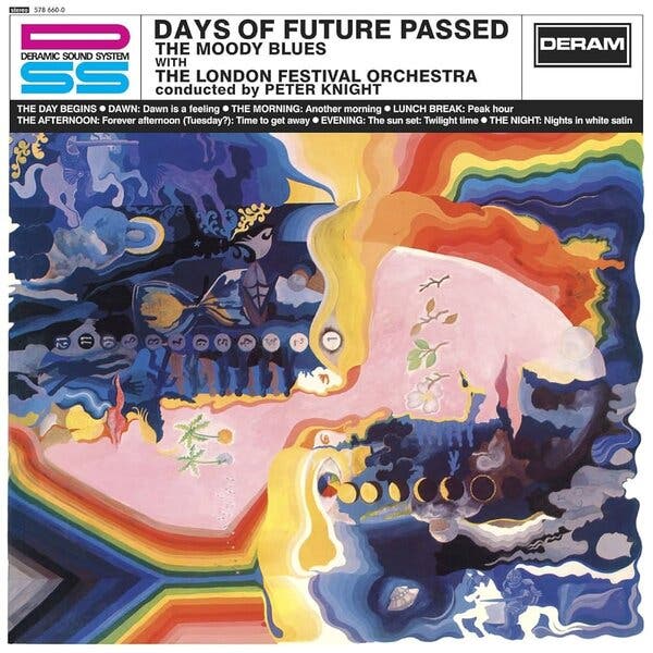 An album cover with a colorful abstract design beneath the words “DAYS OF FUTURE PASSED/THE MOODY BLUES WITH THE LONDON FESTIVAL ORCHESTRA conducted by PETER KNIGHT.” All the words except “conducted by” are in capital letters.