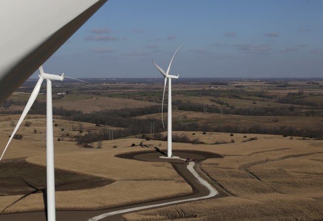 The view from atop a MidAmerican Energy wind turbine during a tour on Thursday at the Macksburg wind project turbine farm in rural Macksburg.
