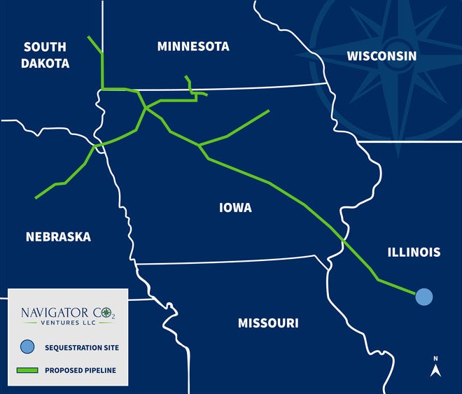 Navigator CO2 Ventures proposes building a 1,200 pipeline through Iowa that will be used to capture carbon dioxide emissions that will be liquefied and sequestered in Illinois.