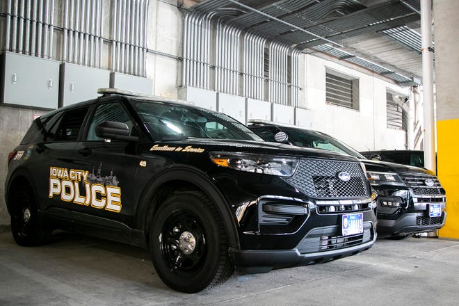 An Iowa City Police Department (ICPD) Ford Police Interceptor vehicle is seen, Friday, July 16, 2021, in Iowa City, Iowa.