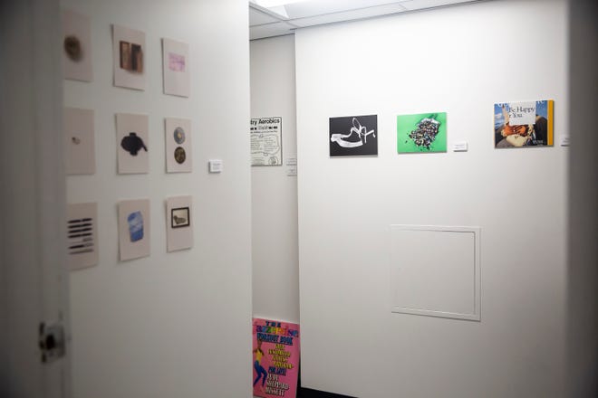 The Lost and Found art show, featuring found art and poetry, is on display in a third-floor bathroom in the Fitch Studios building on Feb. 28.